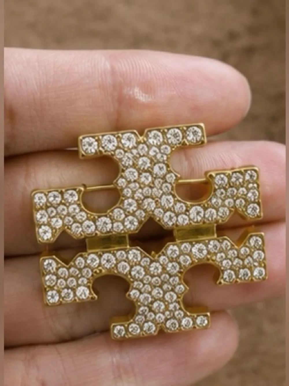Gold Tone Crystal Statement Brooch Rhinestone Double T Pin